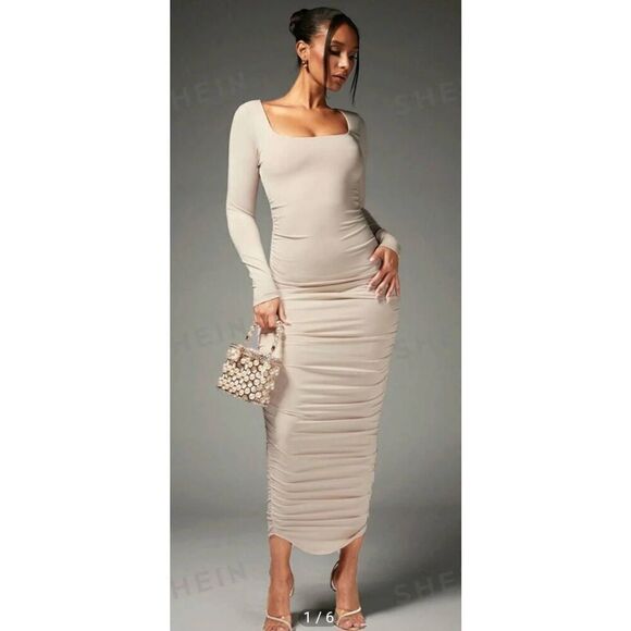 Shein Bae Beige Super Stretch Bodycon Ankle Length Dress,  NWT, Sz. S - Picture 1 of 8